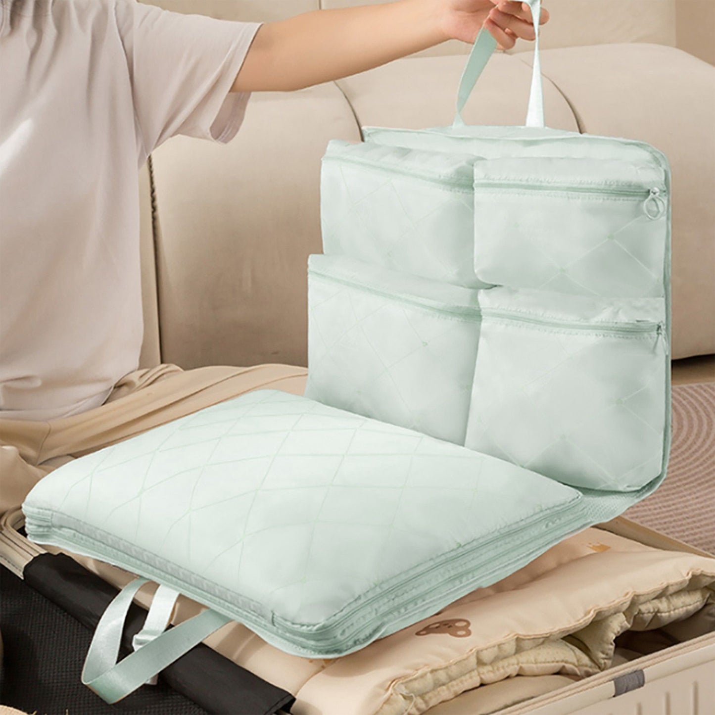 Travel Underwear Organizer Bag with Foldable Compartments and Zipper Pockets