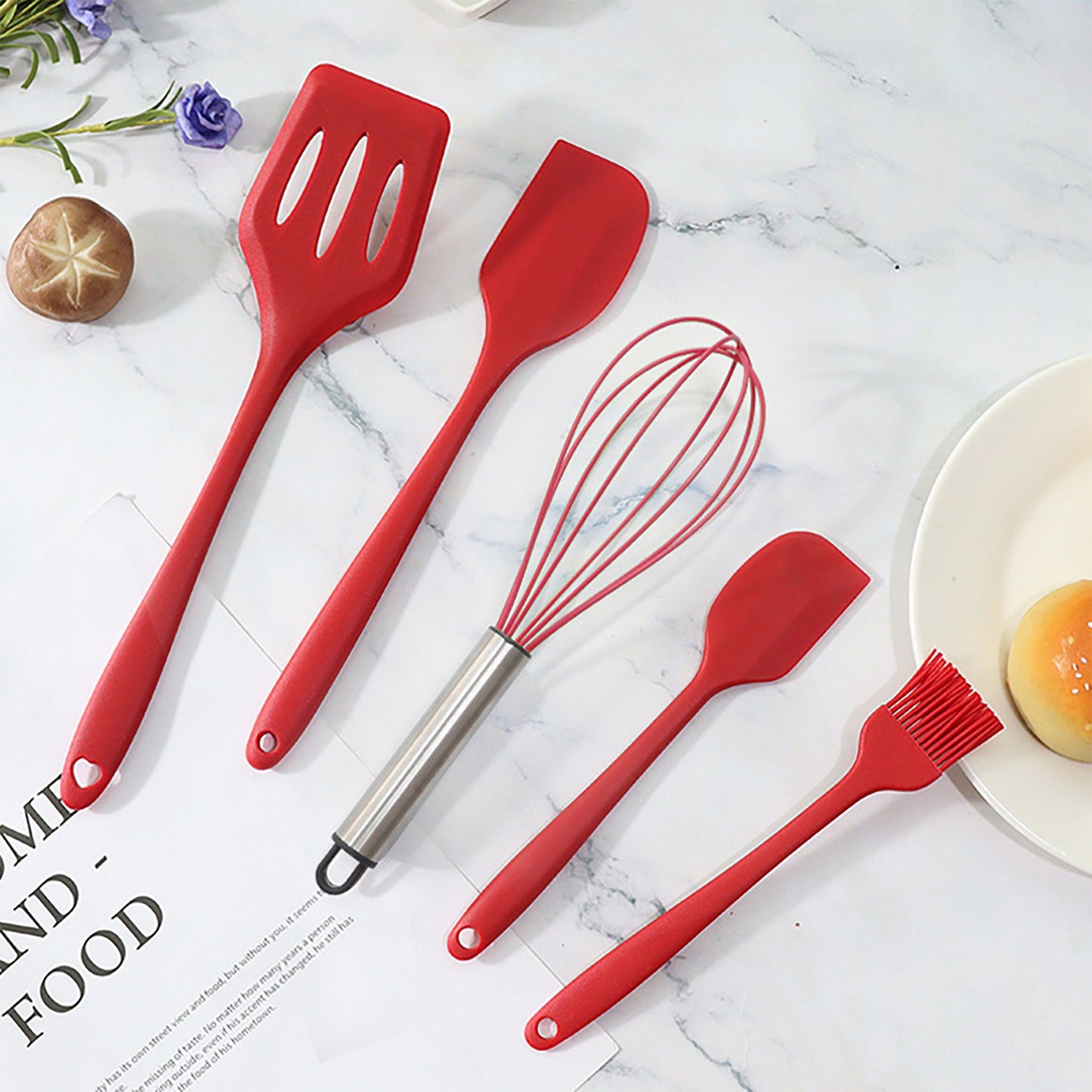 5-Piece Silicone Kitchen Utensil Set with Spatulas, Whisk and Pastry Brush
