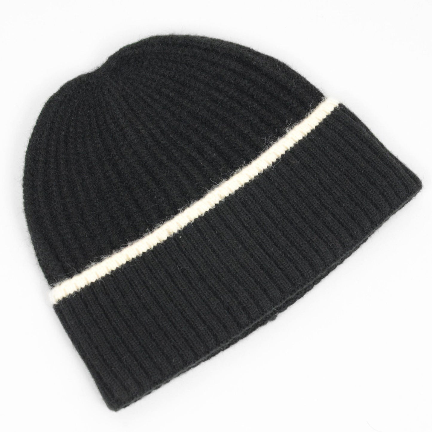 Ribbed Knit Beanie Hat with Contrast Trim and Folded Cuff