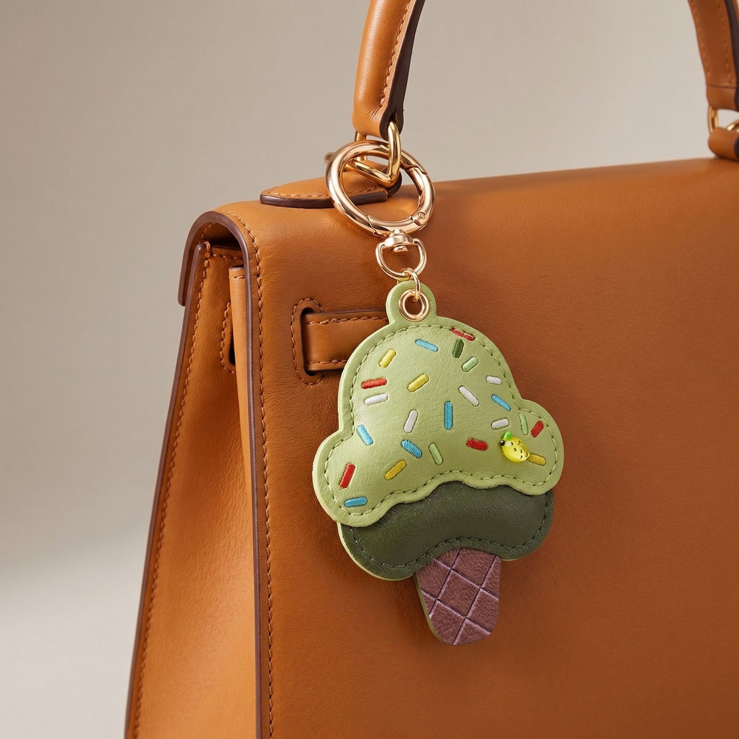 Ice Cream Cone Bag Charm with Colorful Sprinkles and Gold Tone Clip