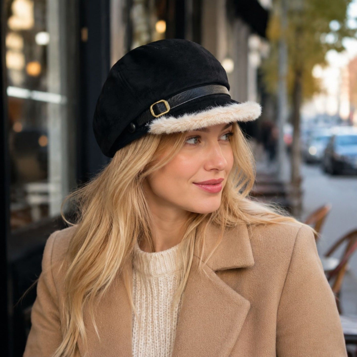 Faux Suede Newsboy Cap with Faux Fur Trim