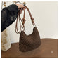 Women's Woven Net Shoulder Bag with Long Strap and Zipper Closure
