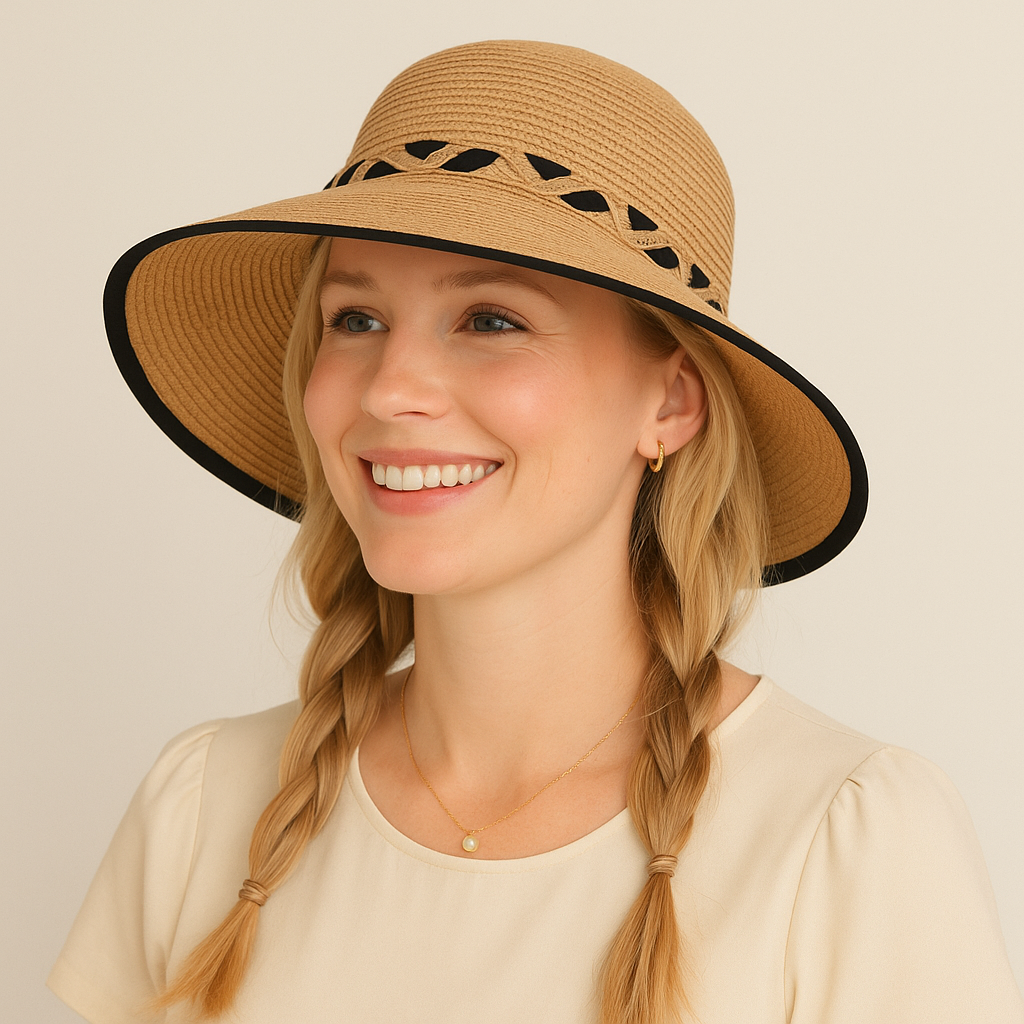 Women's Wide Brim Straw Hat with Braided Band and Contrast Bow Detail