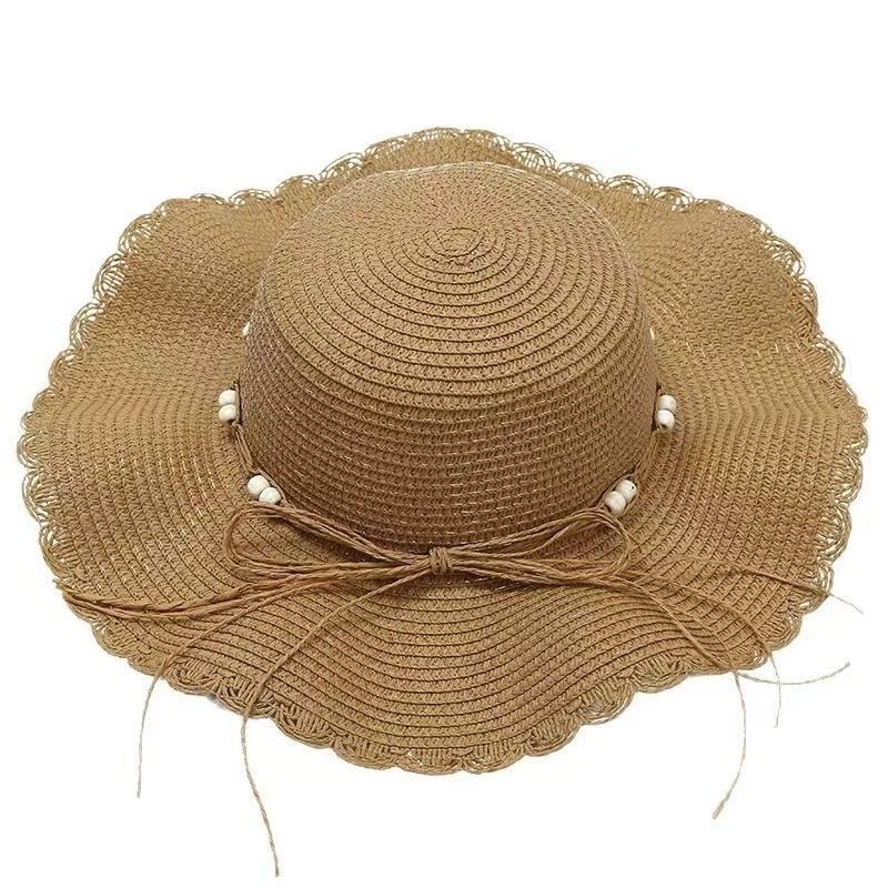 Women Straw Sun Hat Wide Brim Floppy Beach Hat Woven Scalloped Edge Adjustable Summer Hat