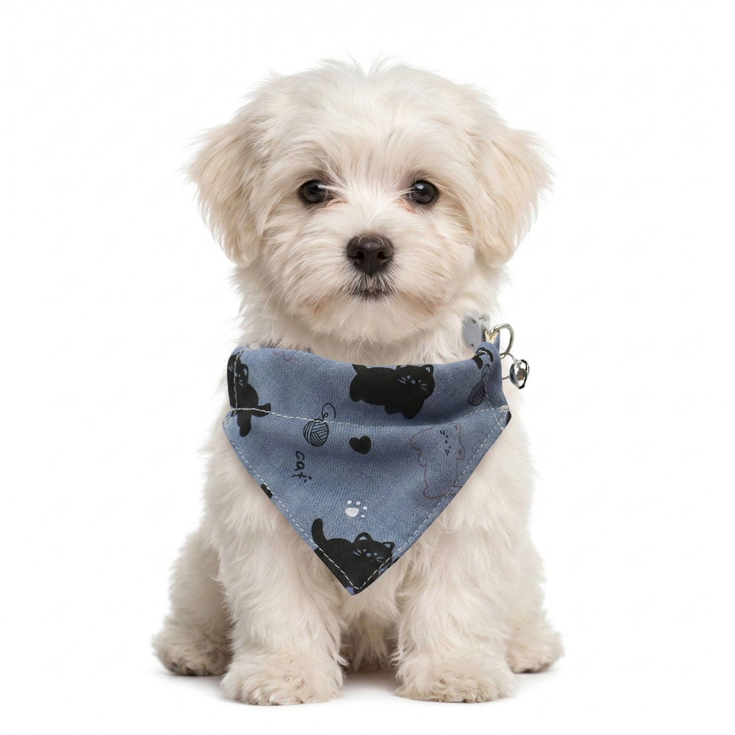 Pet Cat and Dog Bandana Collar with Bell Adjustable Cartoon Cat Print Scarf Bib