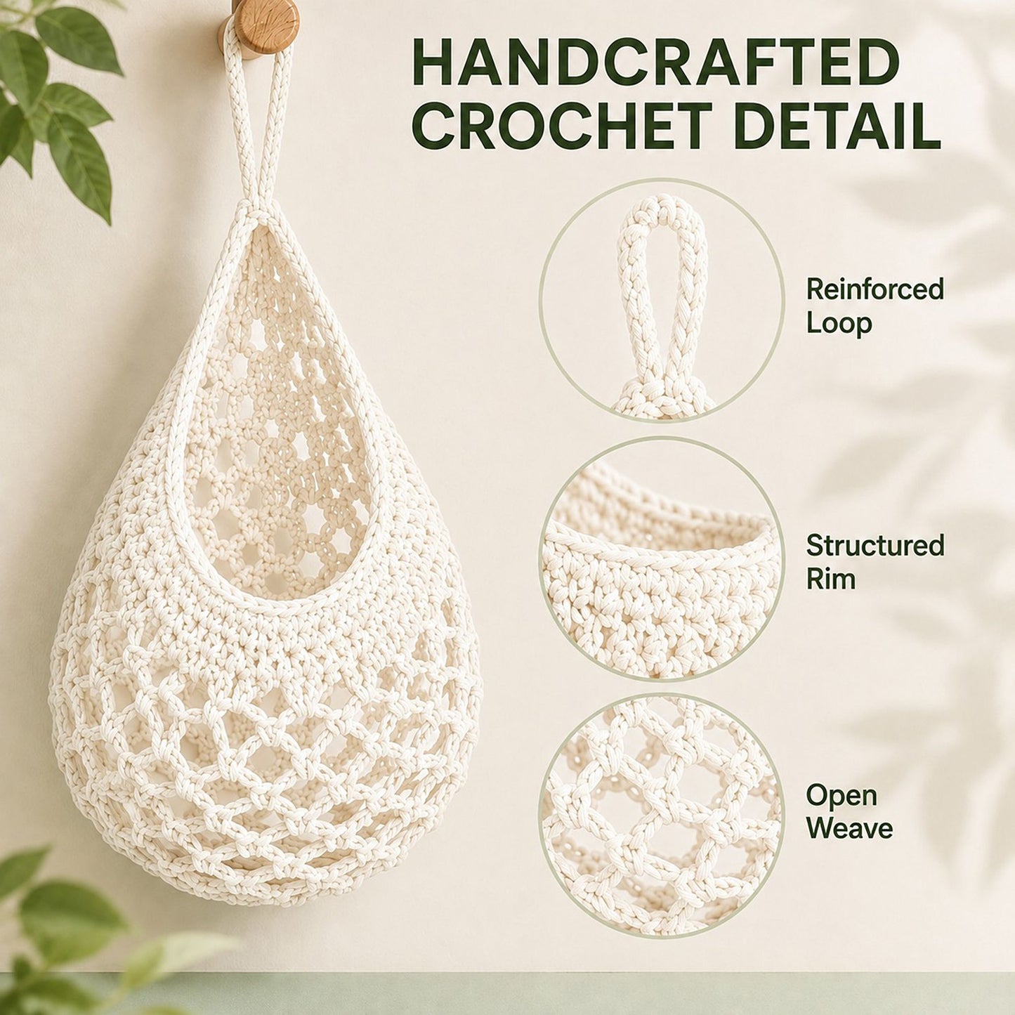 3pc Crochet Hanging Storage Basket Set Small Medium Large Wall Organizer Bins