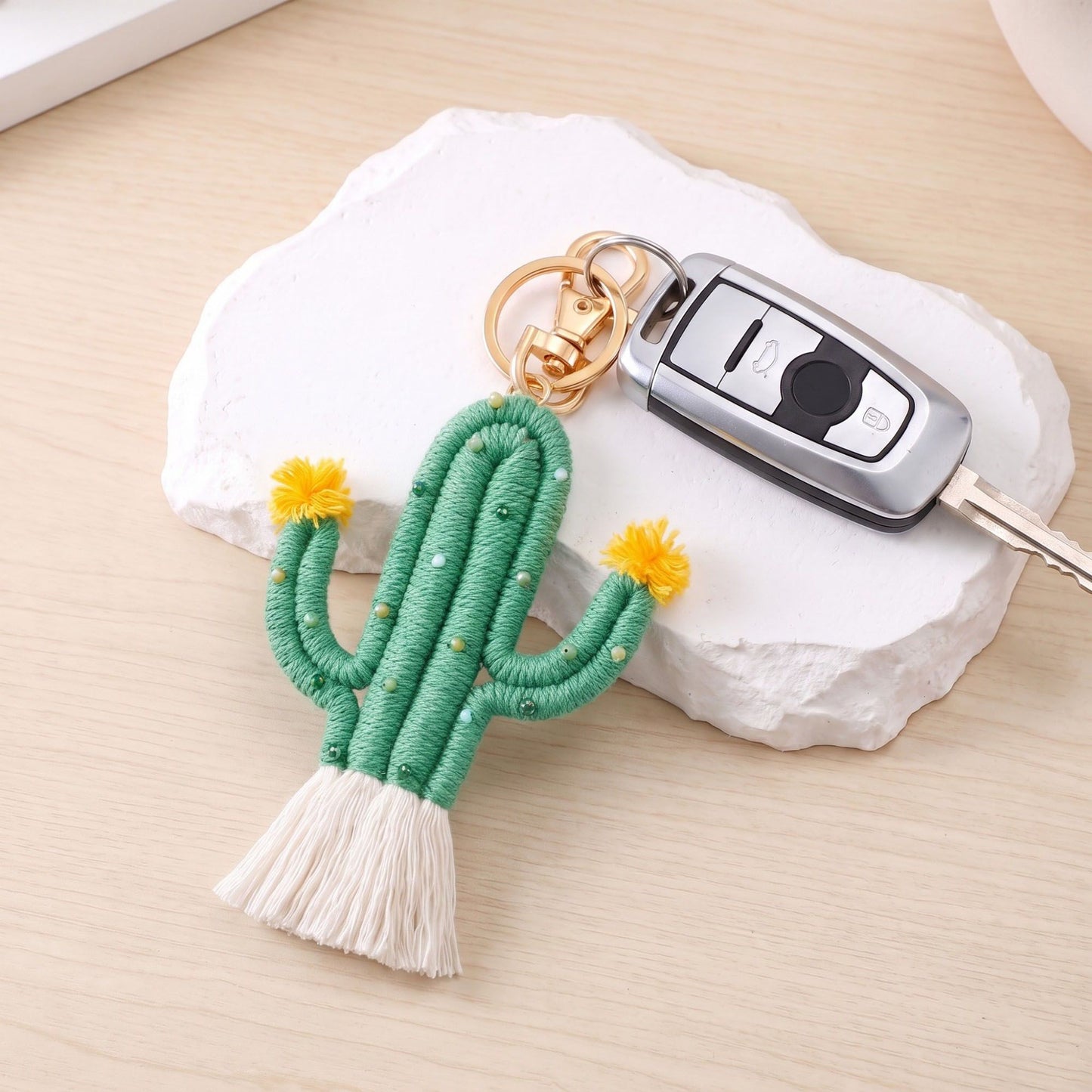 Cactus Macrame Keychain with Tassel Bag Charm