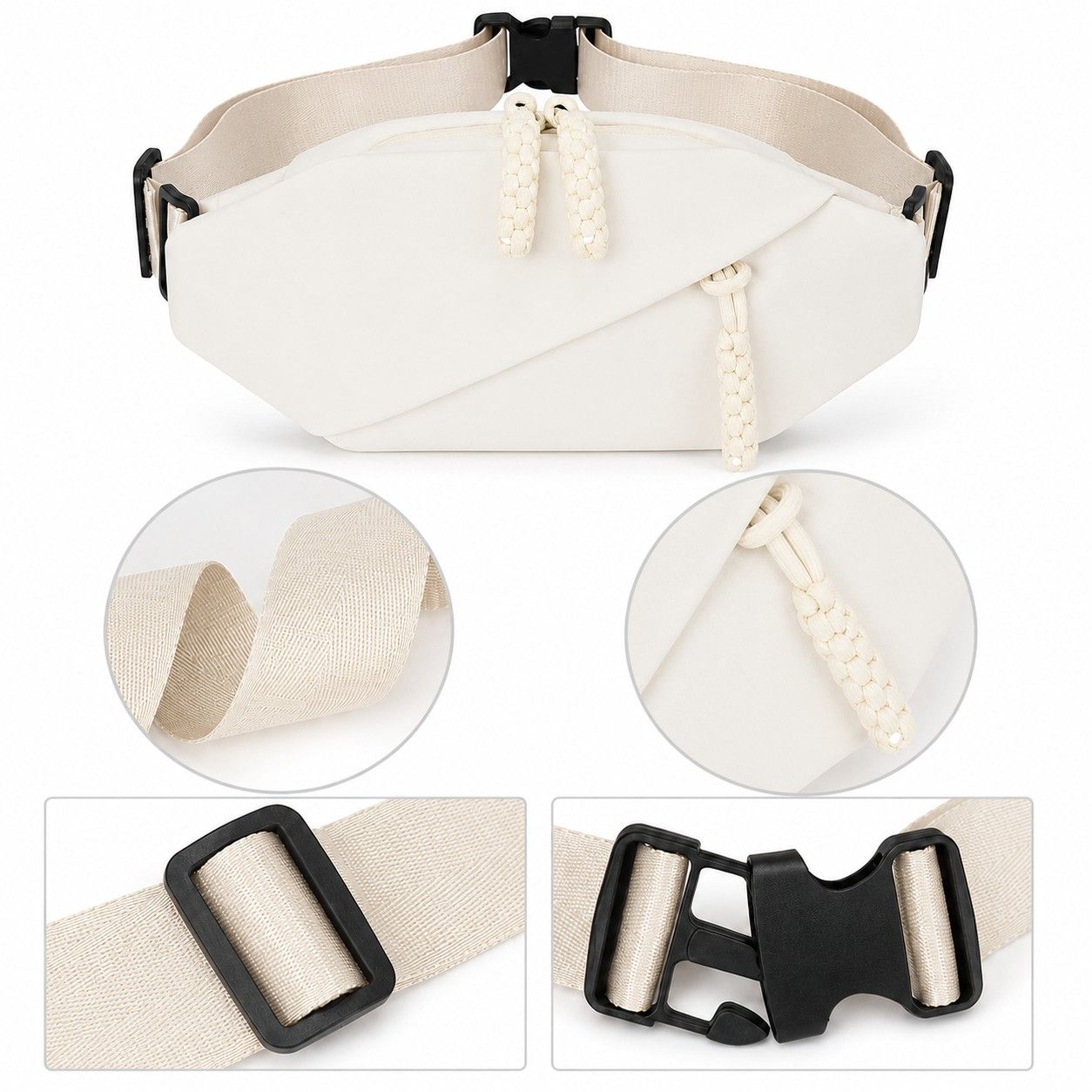 Crossbody Sling Waist Bag with Adjustable Strap Zip Closure and Braided Pulls
