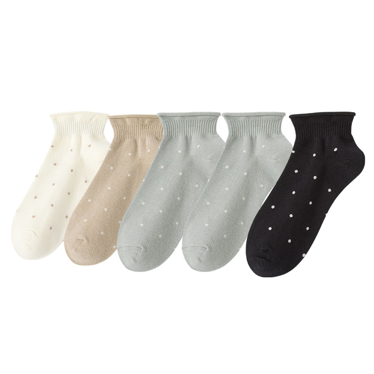 5 Pairs Women¡¯s Ankle Socks Soft Ribbed Top with Small Polka Dot Pattern for Loafers Ballet Flats or Sneakers