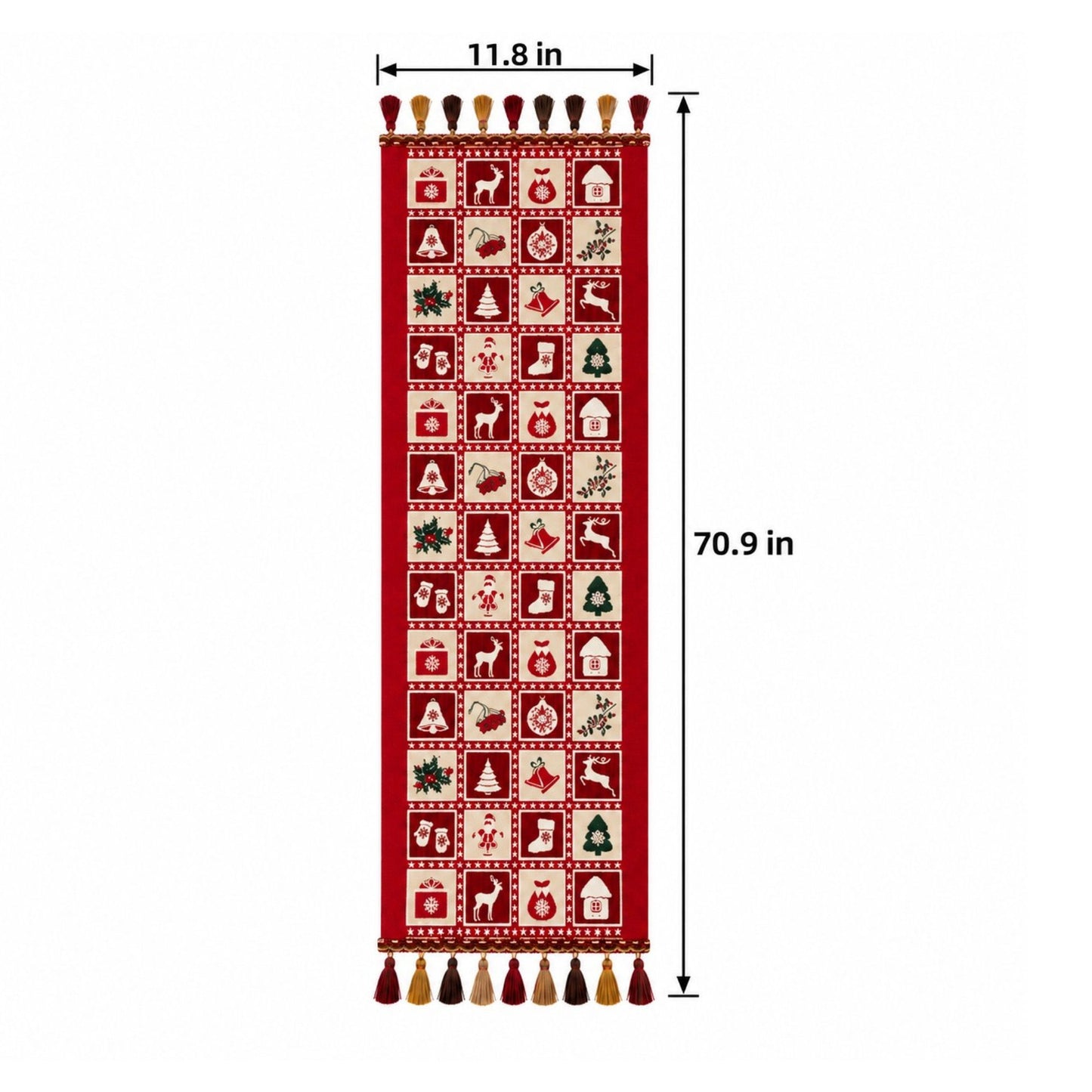 Christmas Patchwork Table Runner with Tassels for Holiday Dining Table Decor