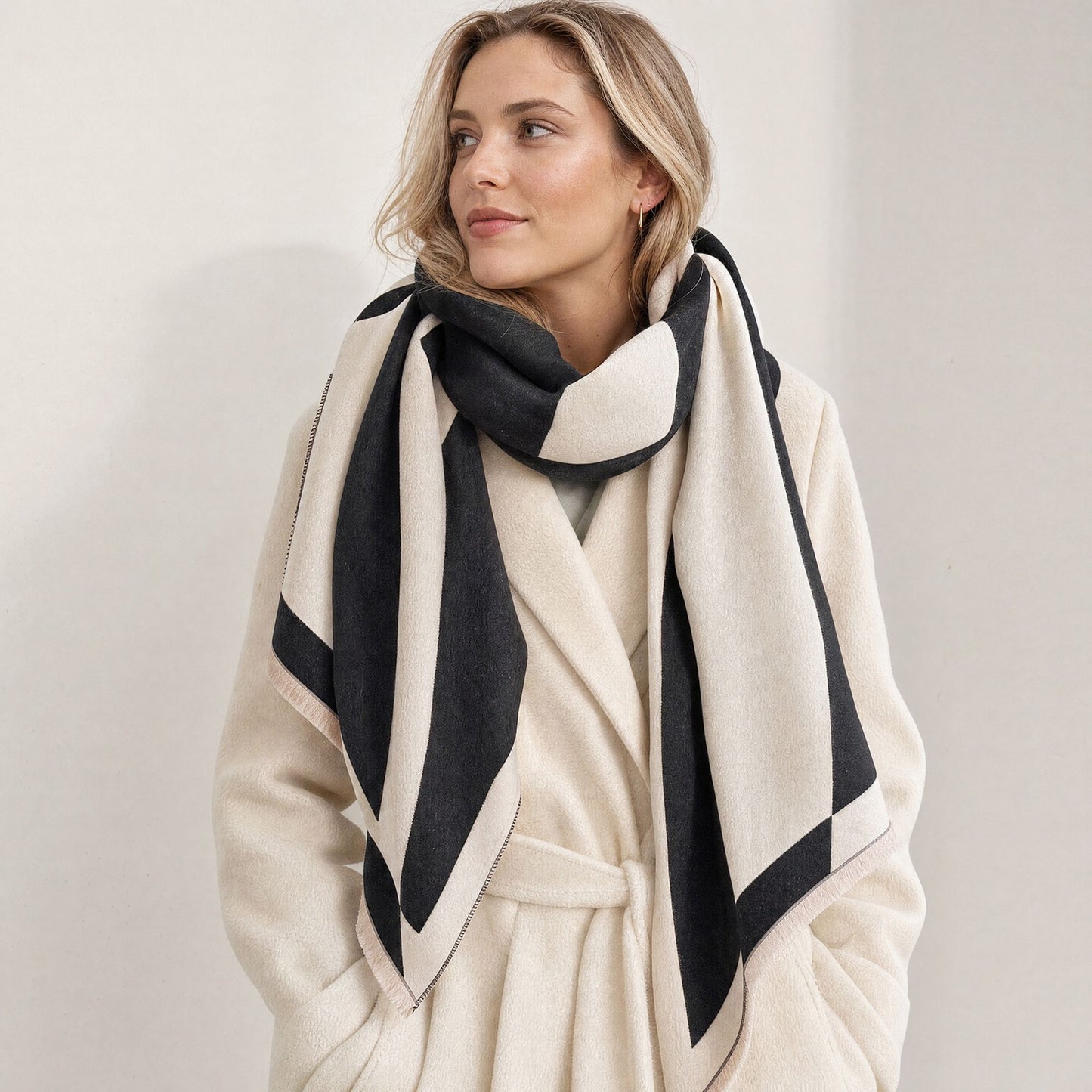 Geometric Color Block Oversized Scarf Soft Wrap Shawl with Fringe Edge 70.8*25.6 Inches