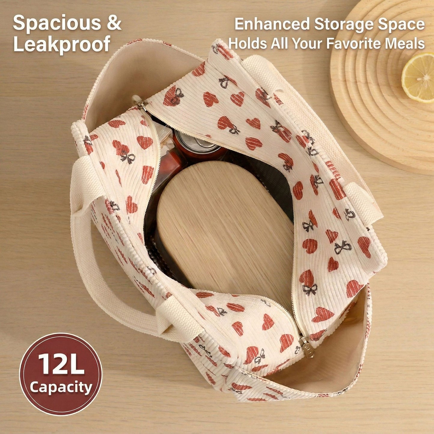 Insulated Lunch Bag with 12L Capacity Heart Print Reusable Thermal Food Tote with Zipper Closure