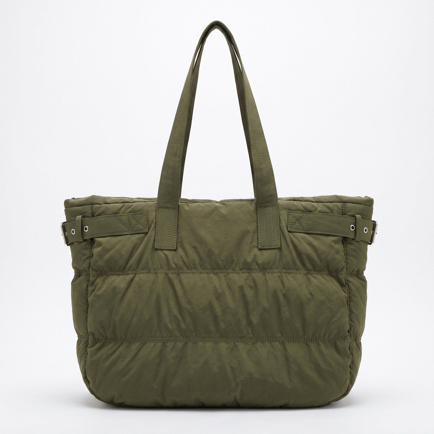 Oversized Puffer Tote Bag with Long Shoulder Straps and Side Buckle Details 13.5x14x4.5in