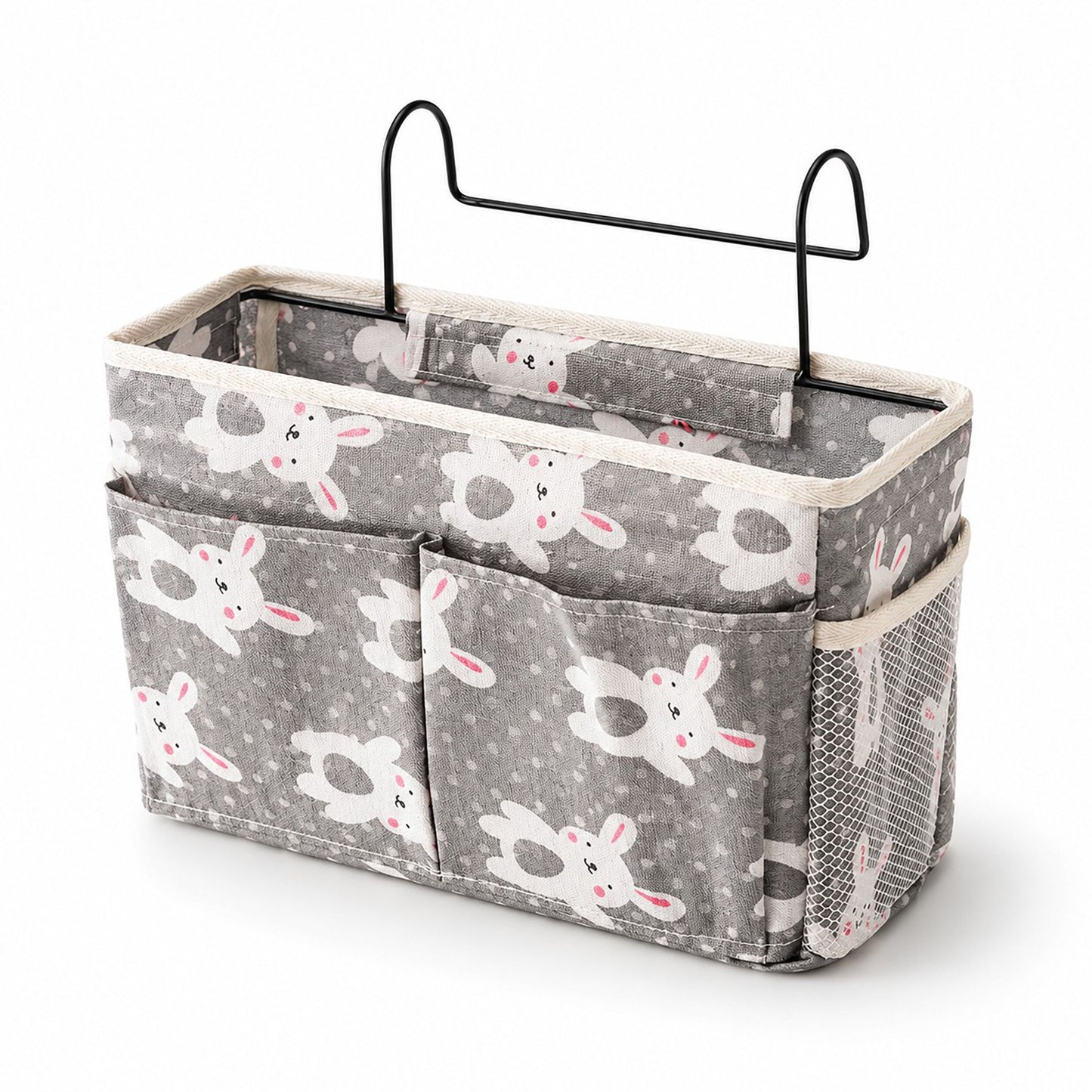 Hanging Bedside Storage Caddy Bunny Print Organizer with Hooks and Multiple Pockets