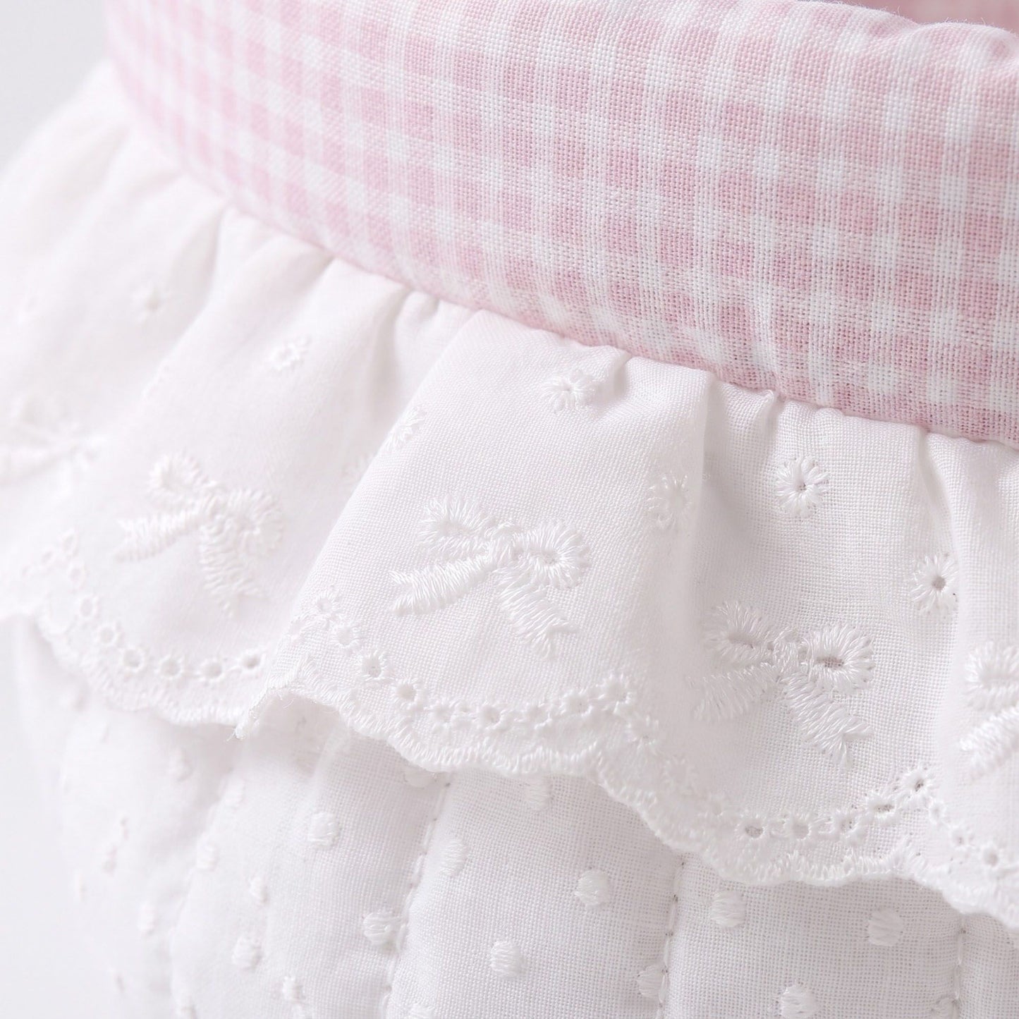 Gingham Polka Dot Quilted Storage Basket with Lace Eyelet Ruffle