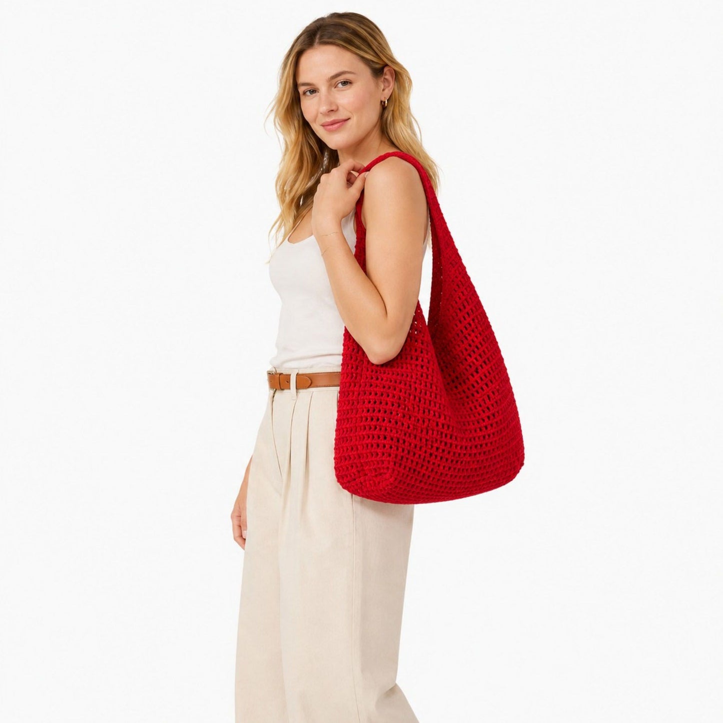 Crochet Tote Bag Red Open Knit Shoulder Bag Large Capacity Hobo Purse