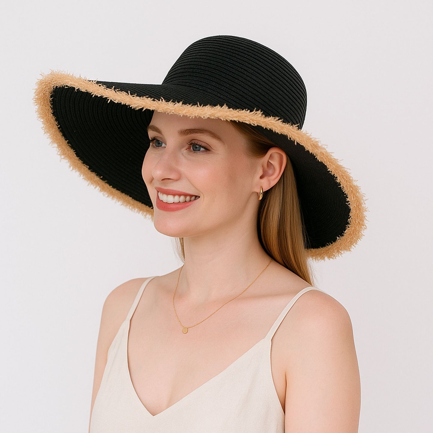 Wide Brim Straw Floppy Hat with Frayed Edges Lightweight Sun Protection for Beach Vacation Outdoor Travel Style