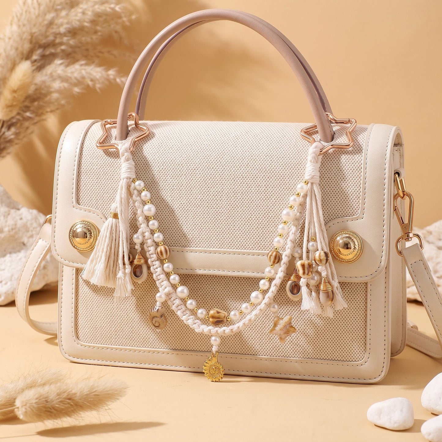 Coastal Bag Charm with Star Clips Pearl Look Beads Shell Accents and Tassels
