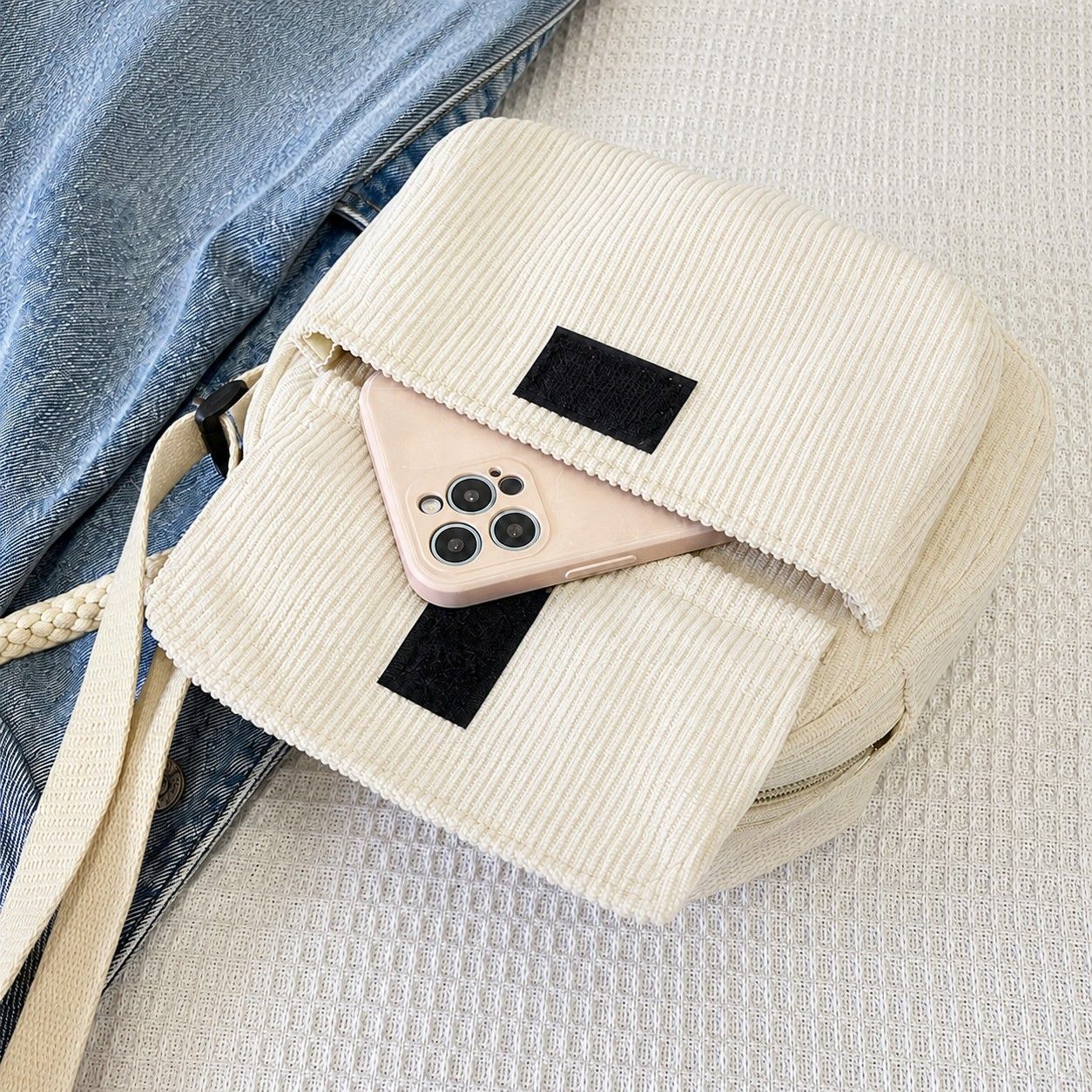 Corduroy Crossbody Bag with Front Pocket Adjustable Strap and Zip Closure