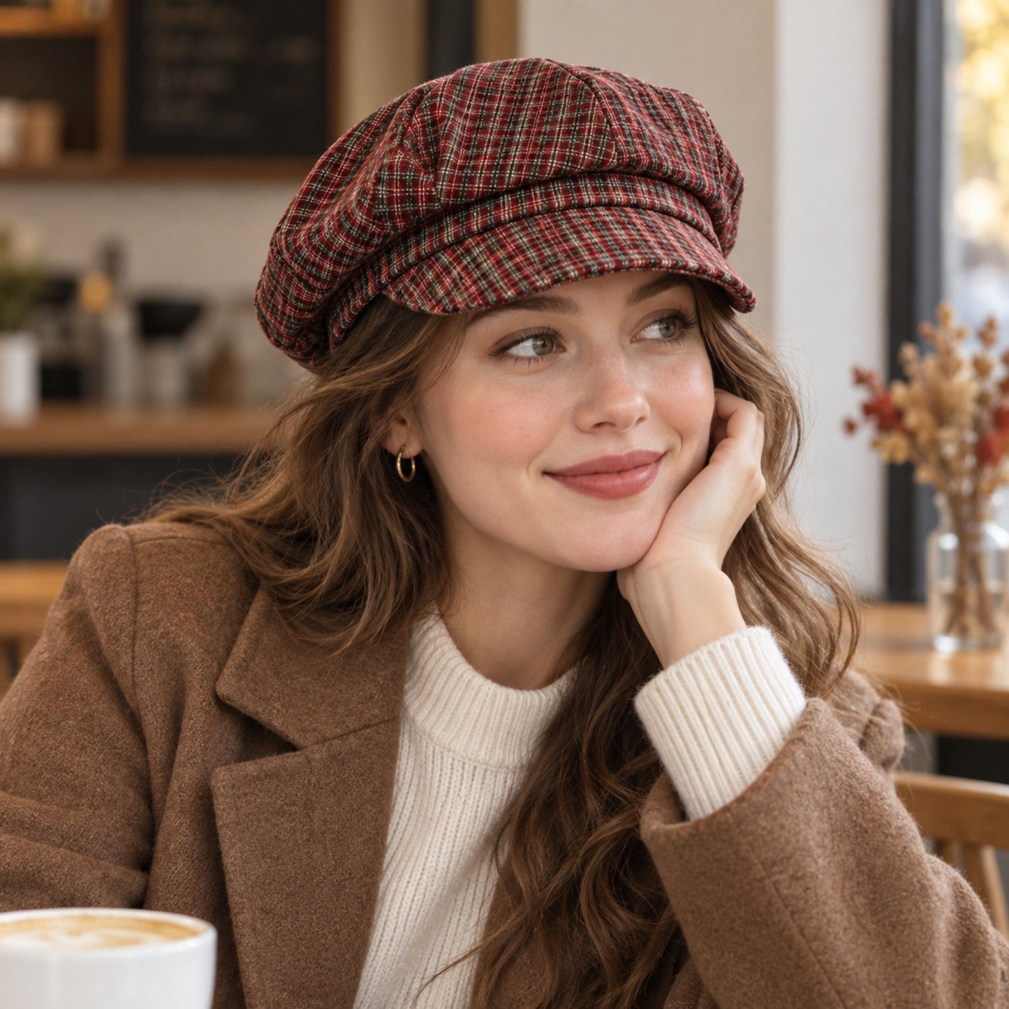 Plaid Newsboy Cap with Paneled Crown and Short Brim