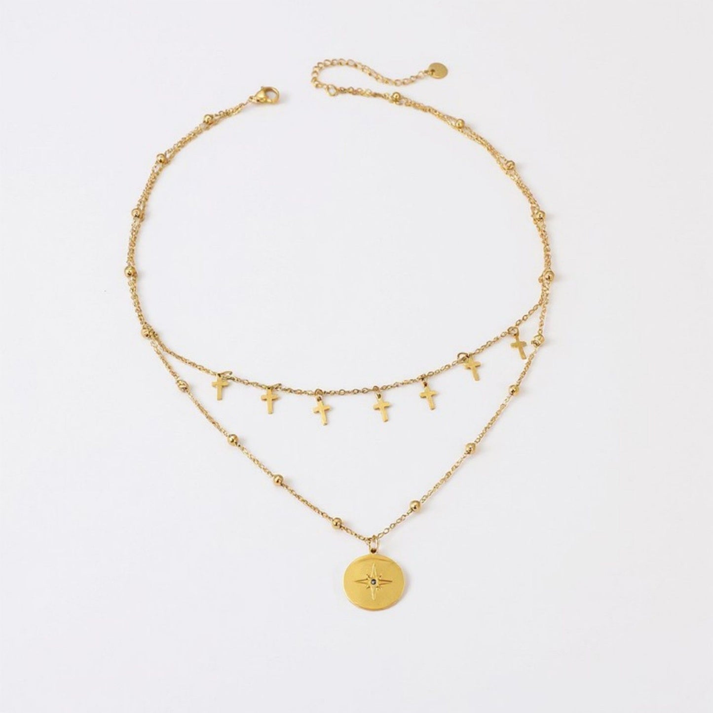 Women's Layered Necklace with Cross Charms and Compass Medallion Pendant