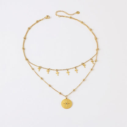 Women's Layered Necklace with Cross Charms and Compass Medallion Pendant