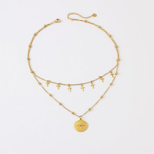 Women's Layered Necklace with Cross Charms and Compass Medallion Pendant