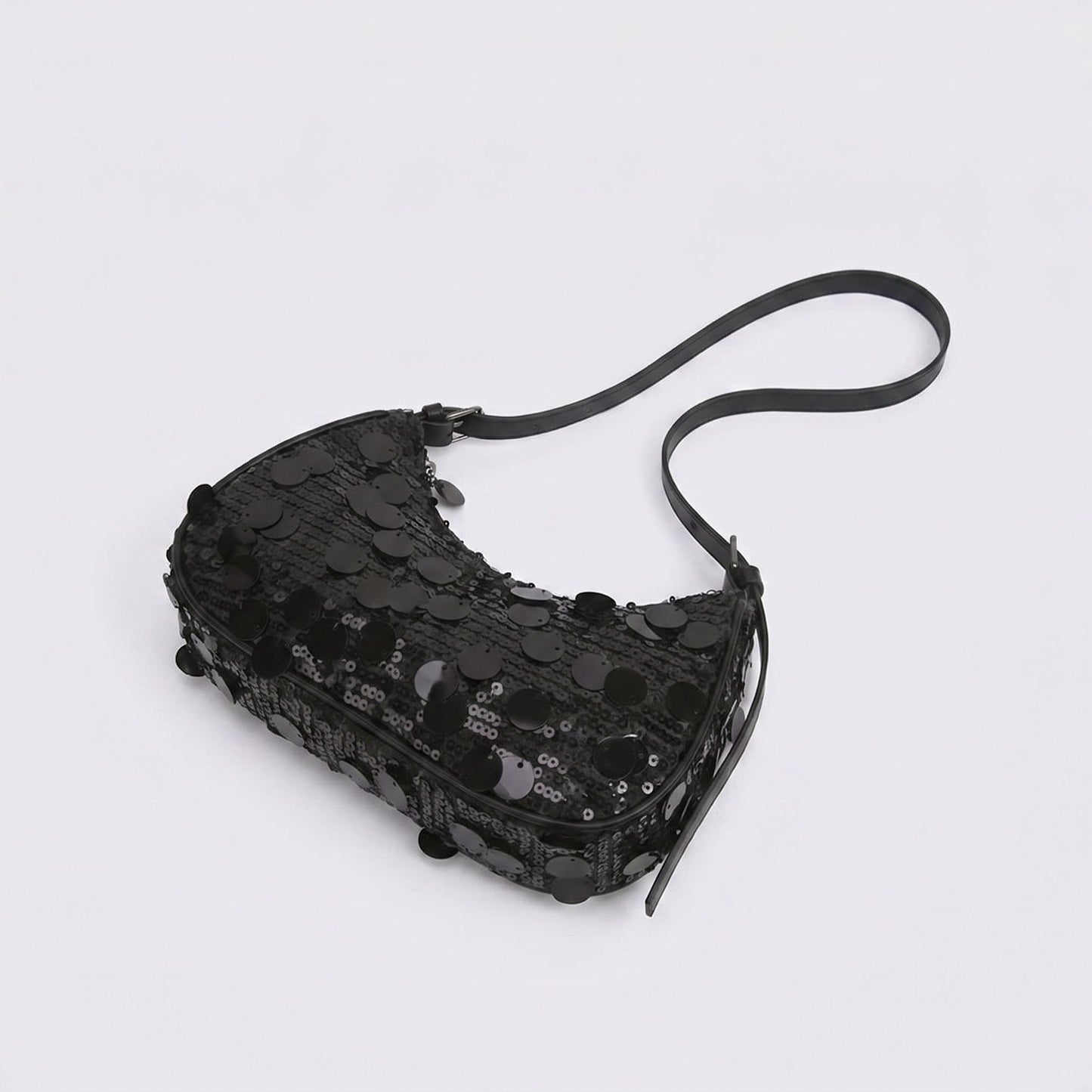 Sequin Crescent Shoulder Bag with Disc Paillette Details and Slim Strap