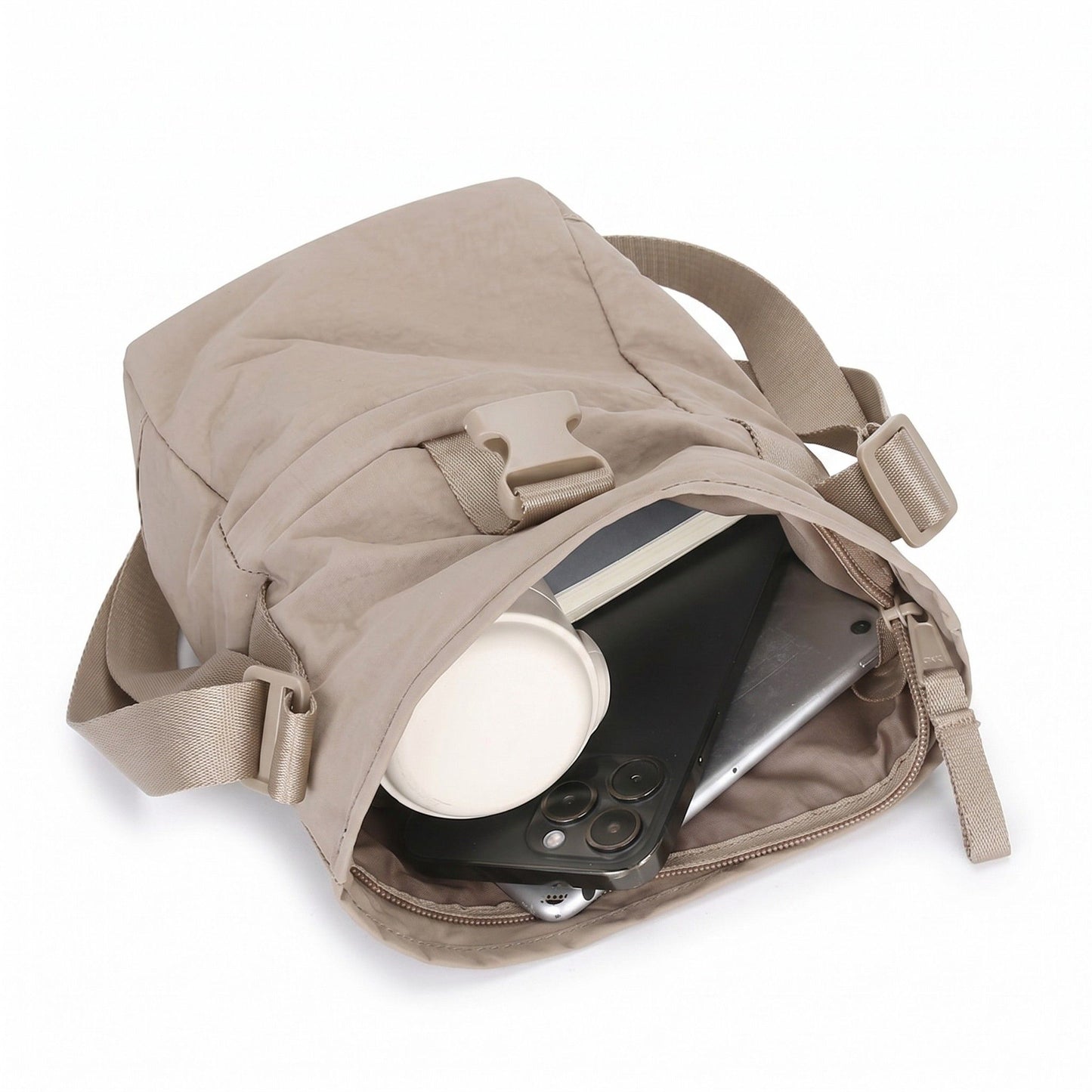 Water Resistant Nylon Crossbody Bucket Bag Adjustable Strap Multi Pocket Everyday Travel Bag