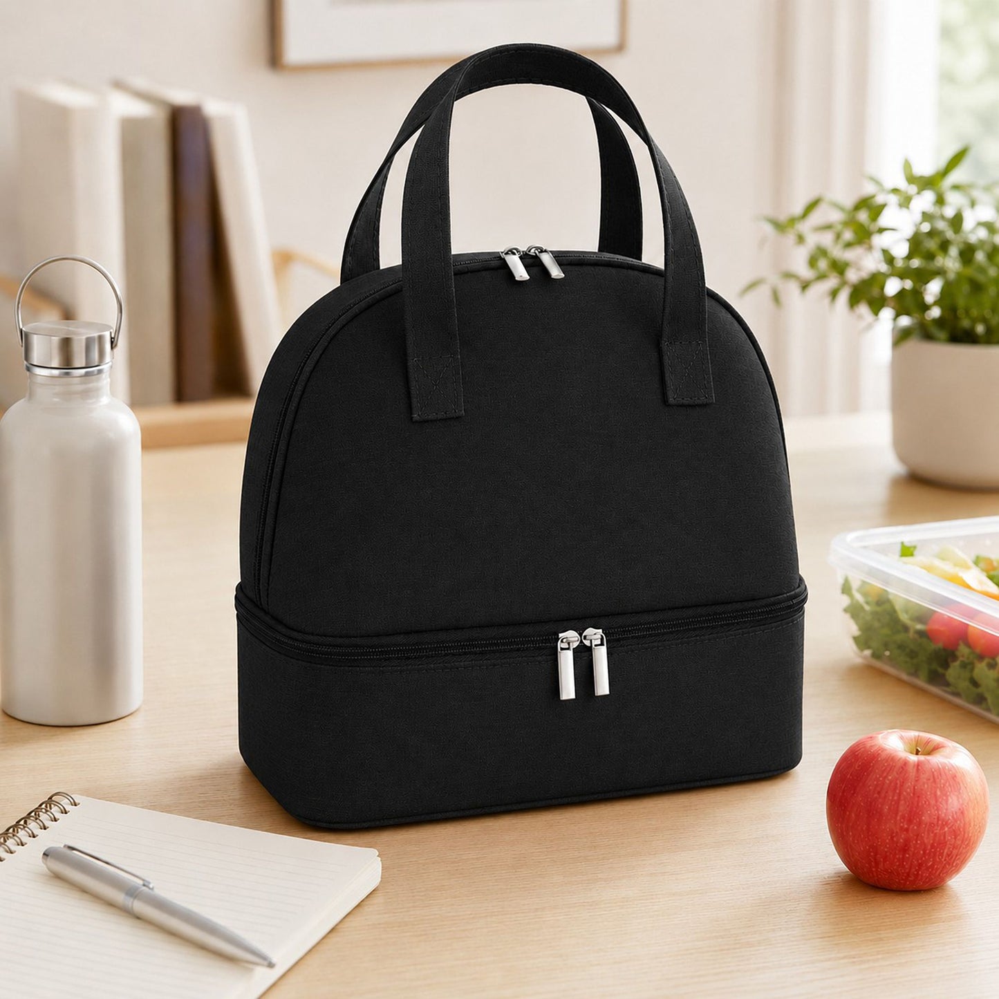 Double Compartment Insulated Lunch Bag with Top Handle and Zipper Closure