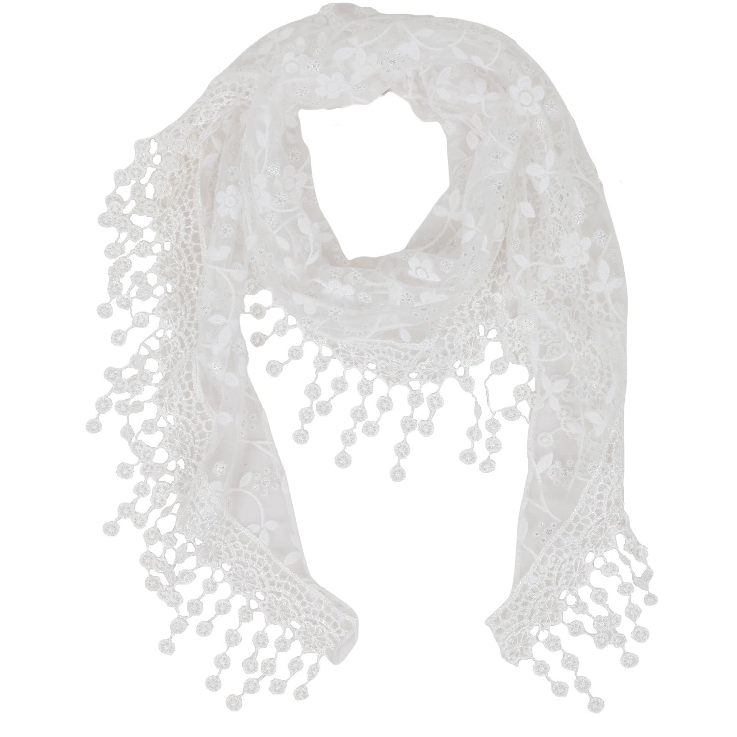 Lightweight Lace Floral Head Scarf Fringe Triangular Shawl