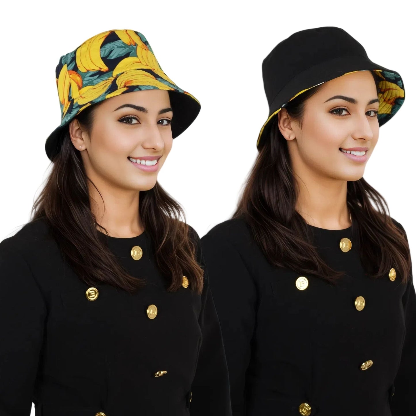 Fruit Print Bucket Hat Double-Side-Wear Reversible Fisherman Hats Summer Foldable Cap for Women- Banana