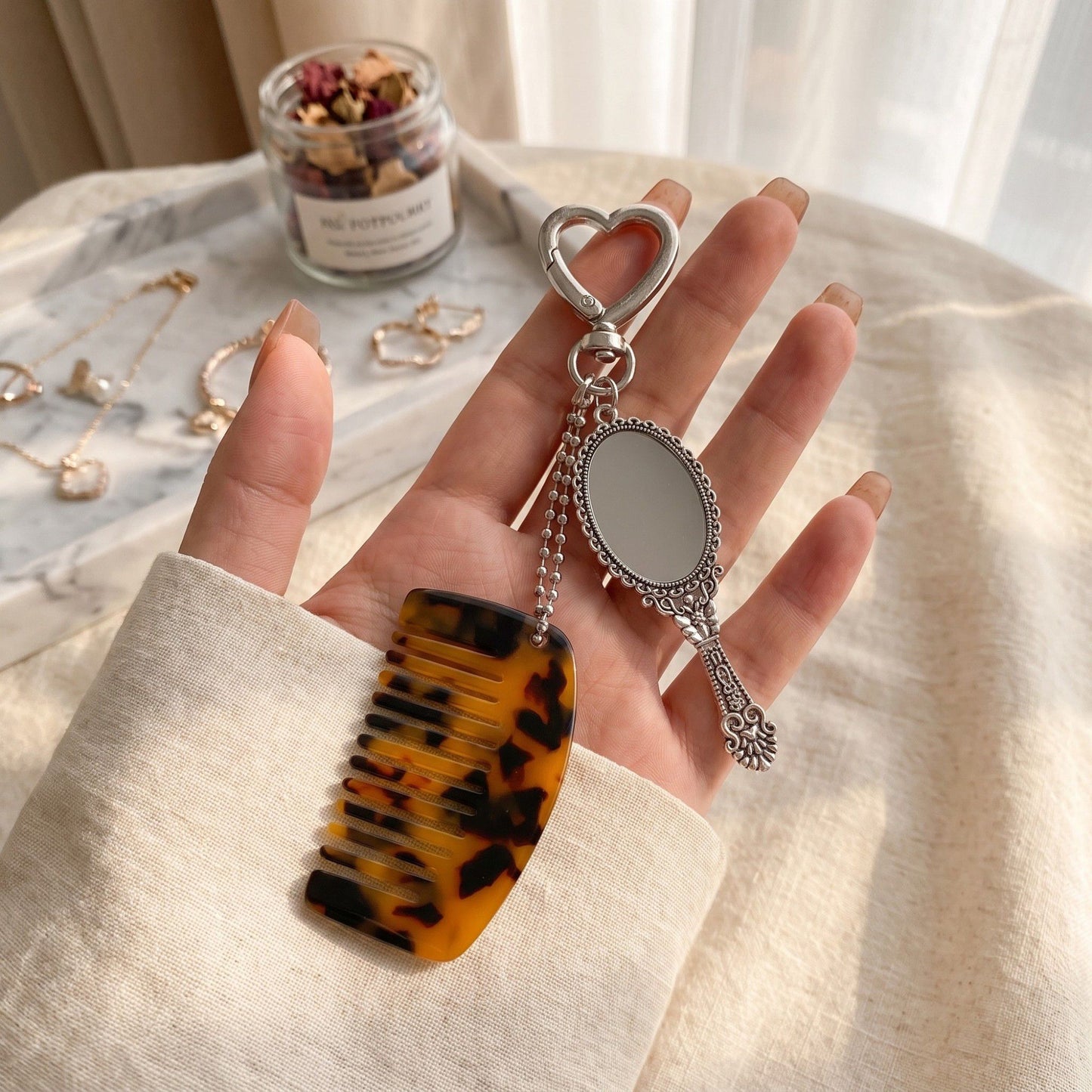Mirror and Mini Comb Keychain Bag Charm with Heart Clip
