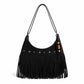 Suede-Like Fringe Hobo Shoulder Bag with Studded Star and Beaded Charm Details