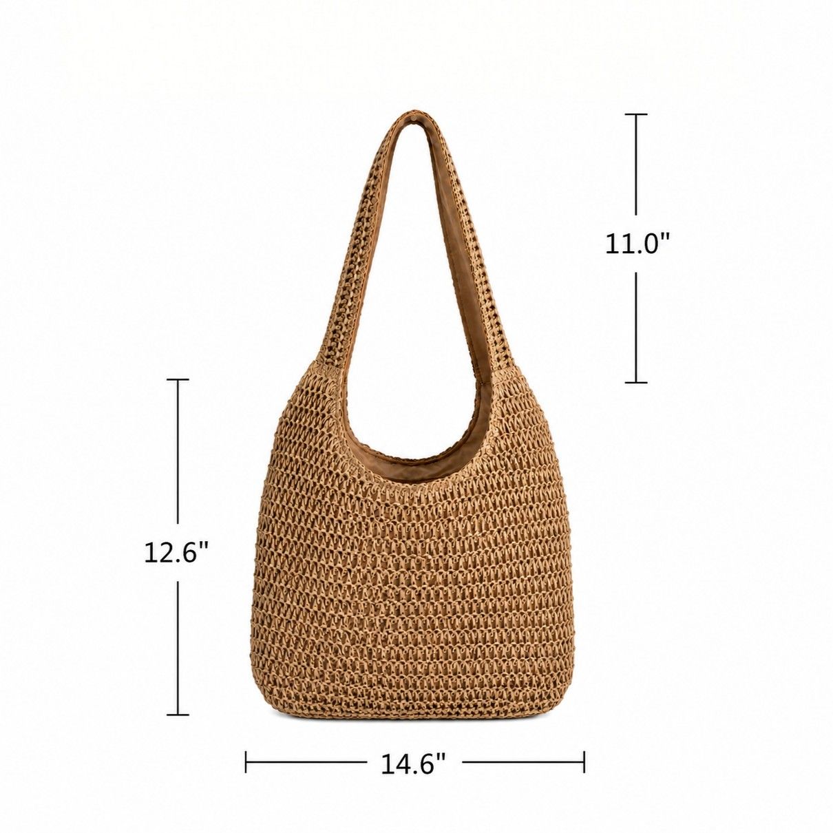 Woven Straw Tote Bag Large Capacity Zip Top Shoulder Carryall with Interior Pocket
