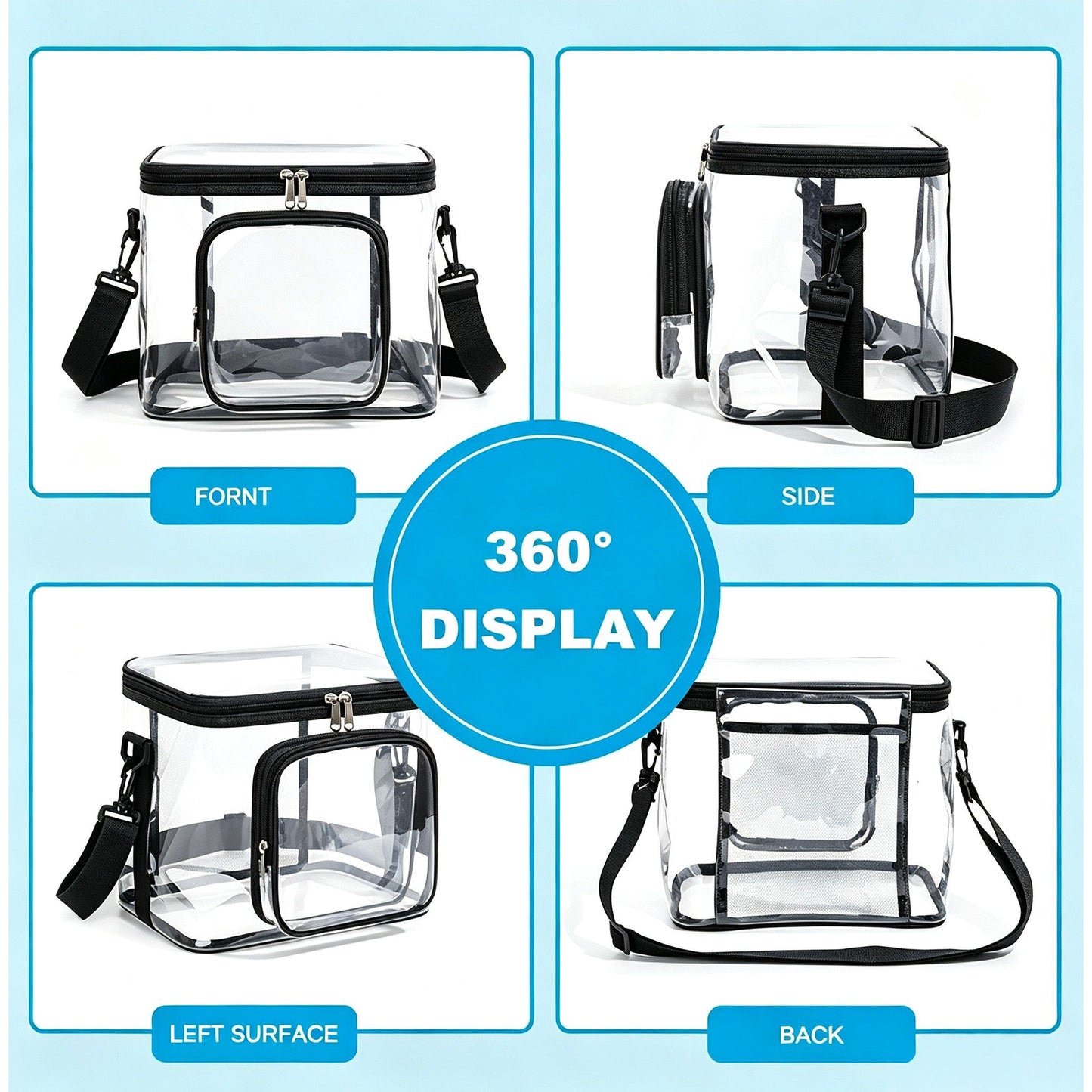 Clear PVC Lunch Tote Bag with Front Zipper Pocket, Top Handle and Removable Shoulder Strap
