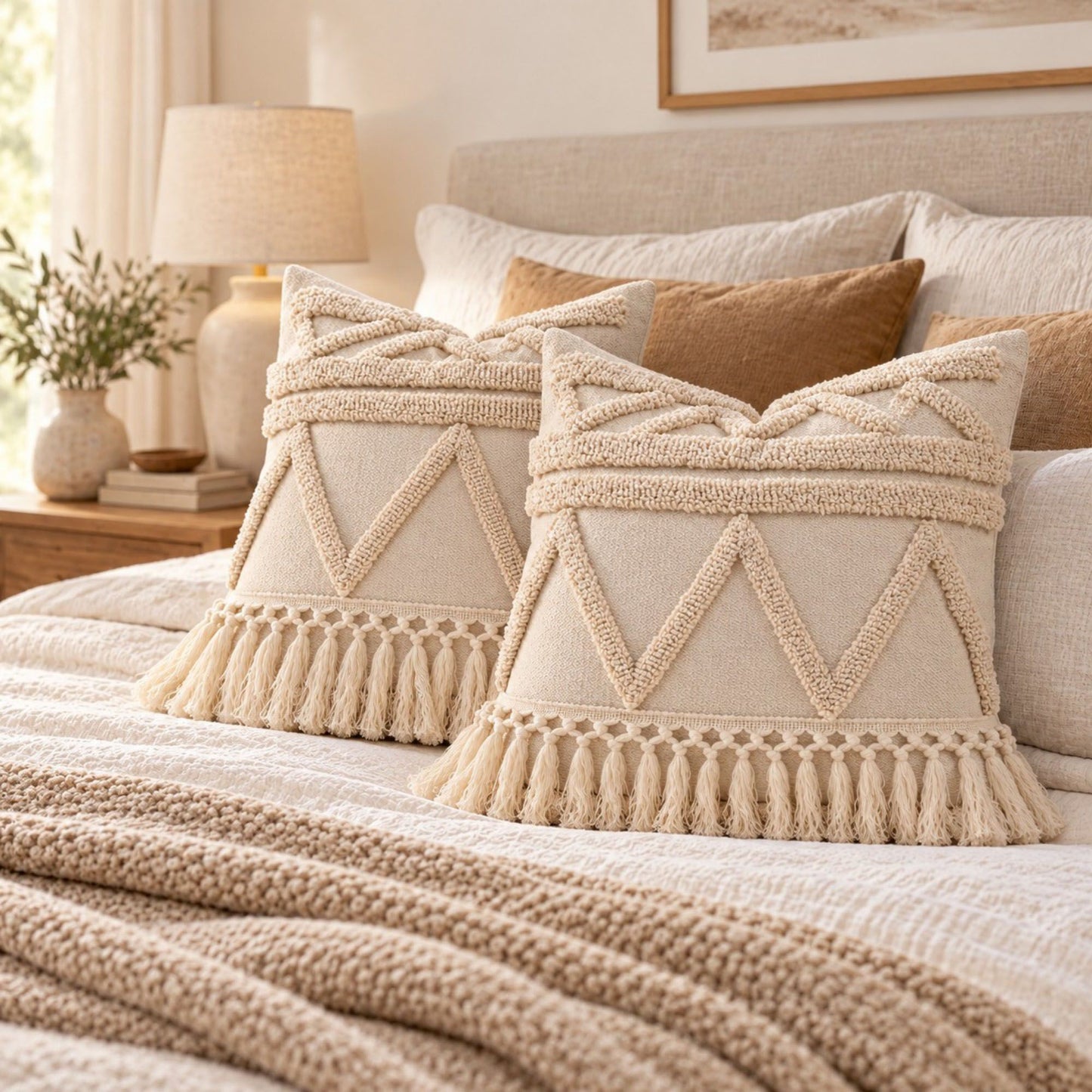 Boho Tufted Tassels Decorative Throw Pillow Cover Set of 2