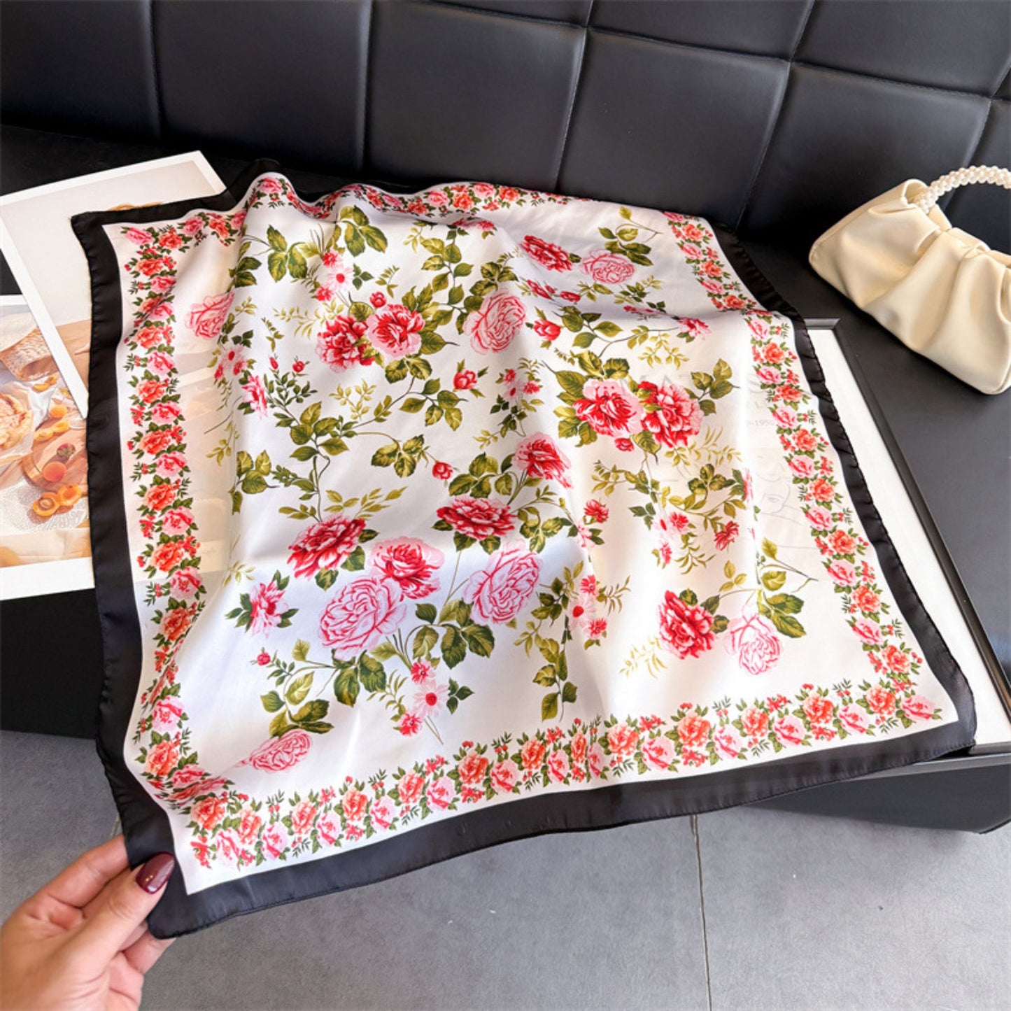 Vintage Floral Print Satin Feel Square Scarf Elegant Lightweight Fashion Neck Hair Scarf 27.5¡Á27.5 Inches