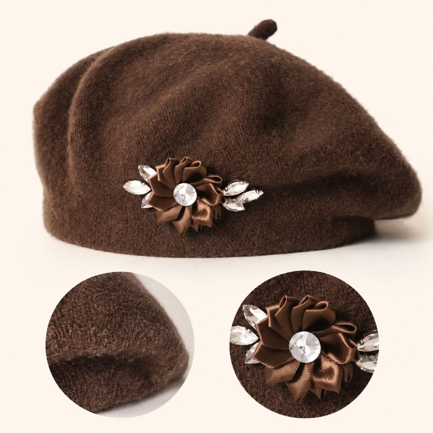 Rhinestone & Flower Embellished Knit Wool Beret