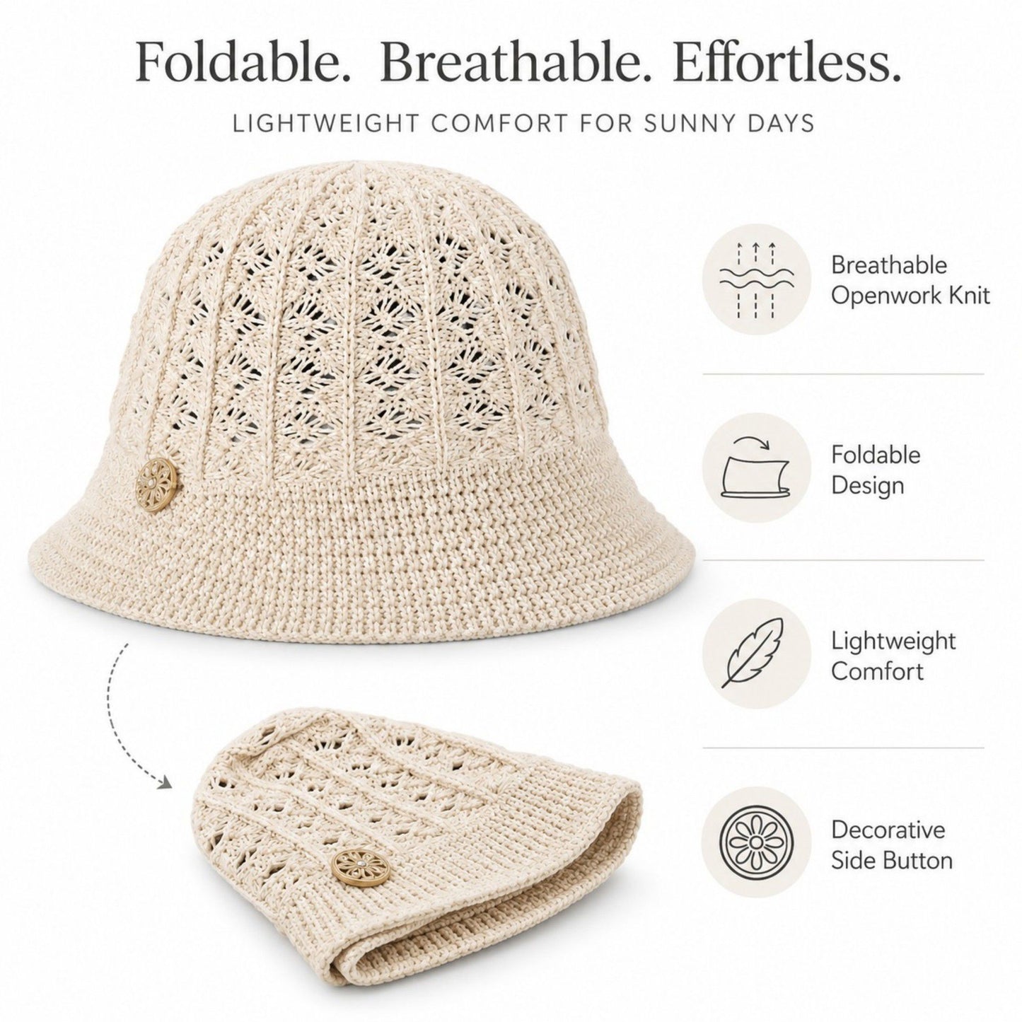 Crochet Knit Bucket Hat with Open Weave Crown and Soft Short Brim