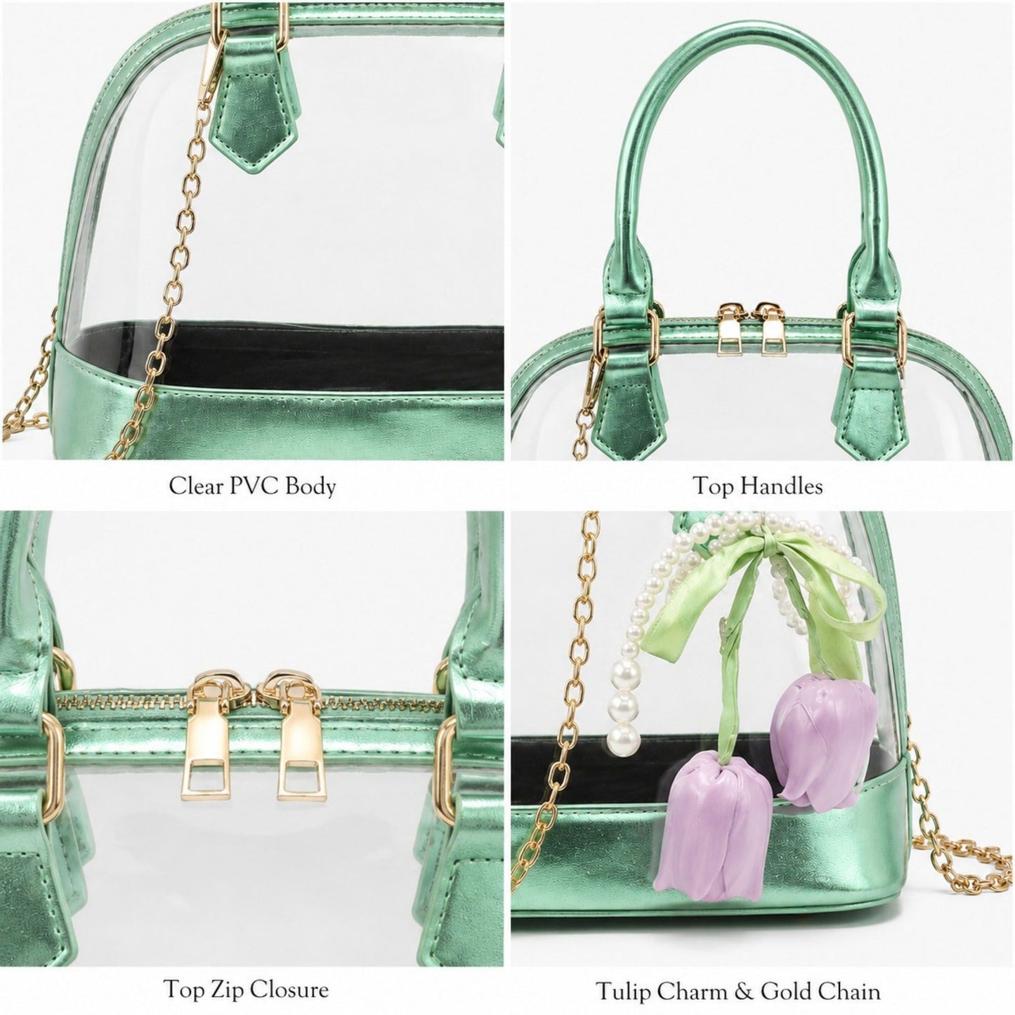 Clear PVC Mini Satchel Bag with Chain Strap and Floral Pearl Charm