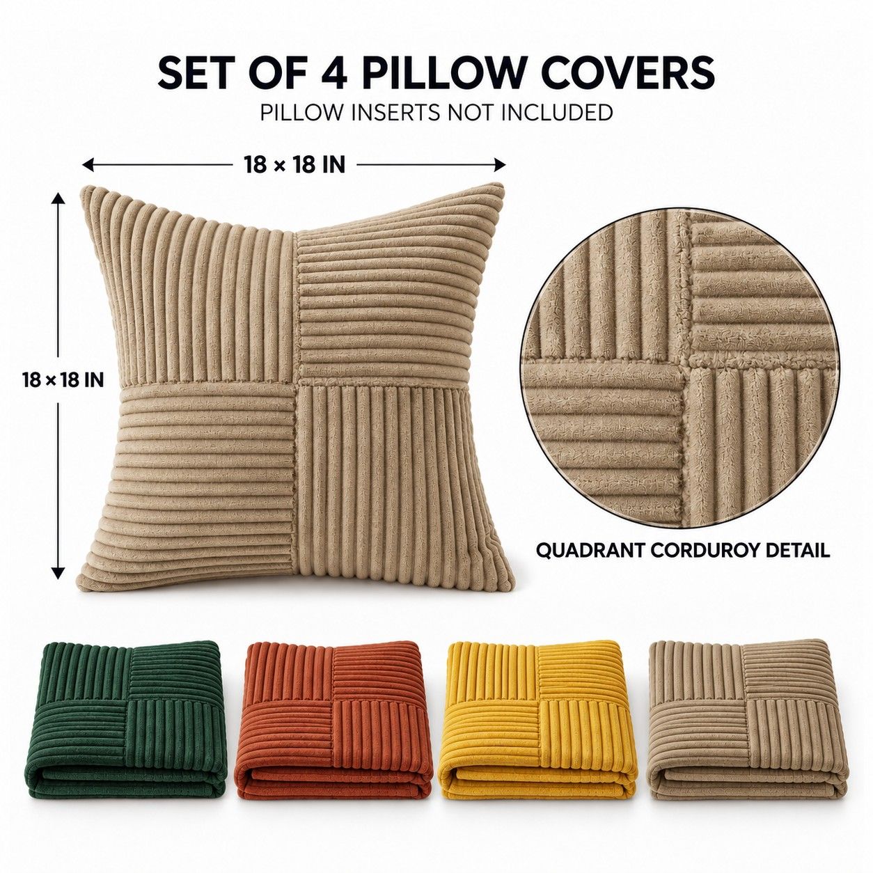 4 Pack Patchwork Corduroy Throw Pillow Covers 18 x 18 Inch for Sofa and Bed