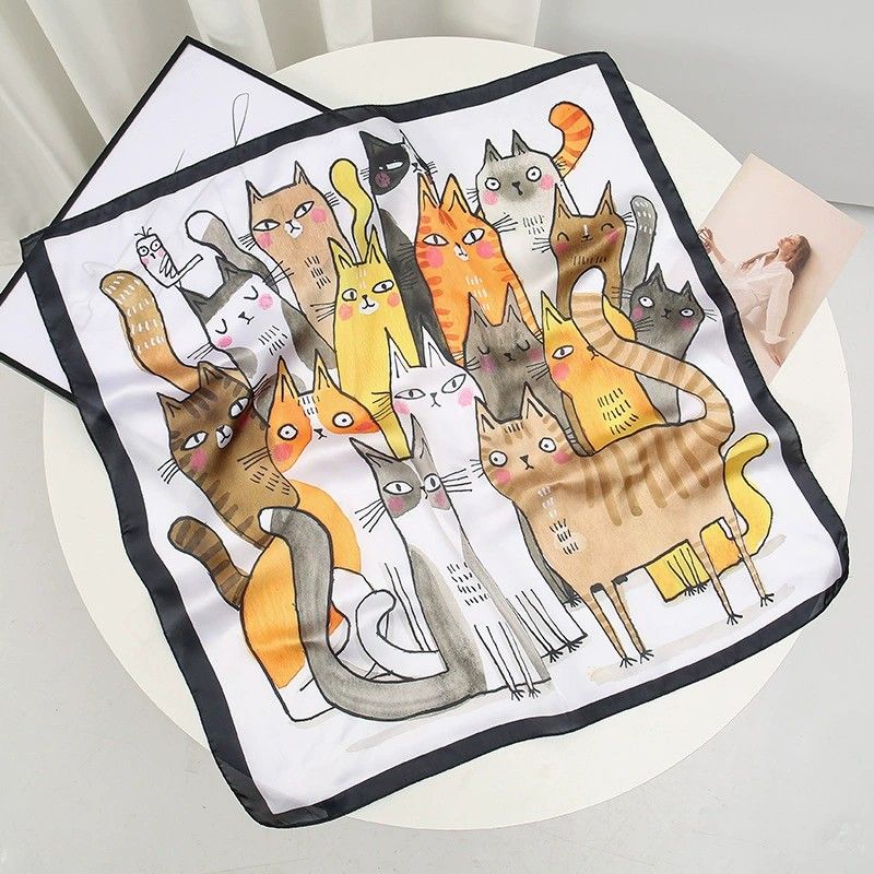 Square Cat Print Silk Feel Satin Scarf Cute Animal Neck Wrap 27.5 Inch
