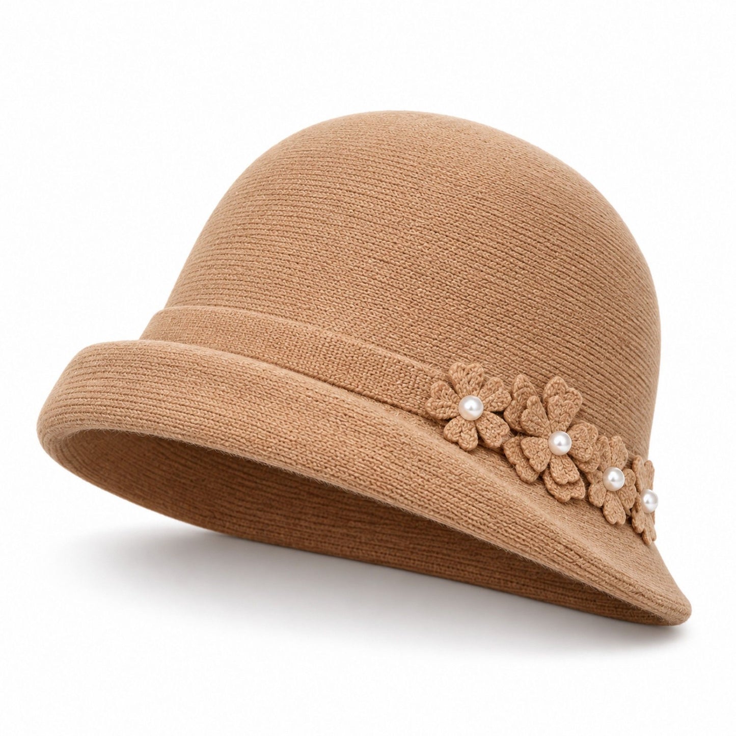 Floral Pearl Accent Cloche Hat Adjustable Brim Dress Hat