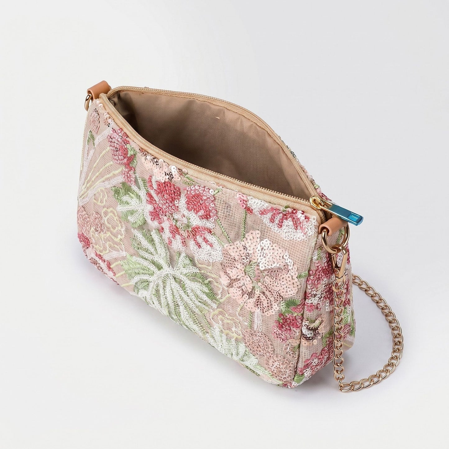 Floral Embroidered Sequin Shoulder Bag with Chain Strap Curved Silhouette