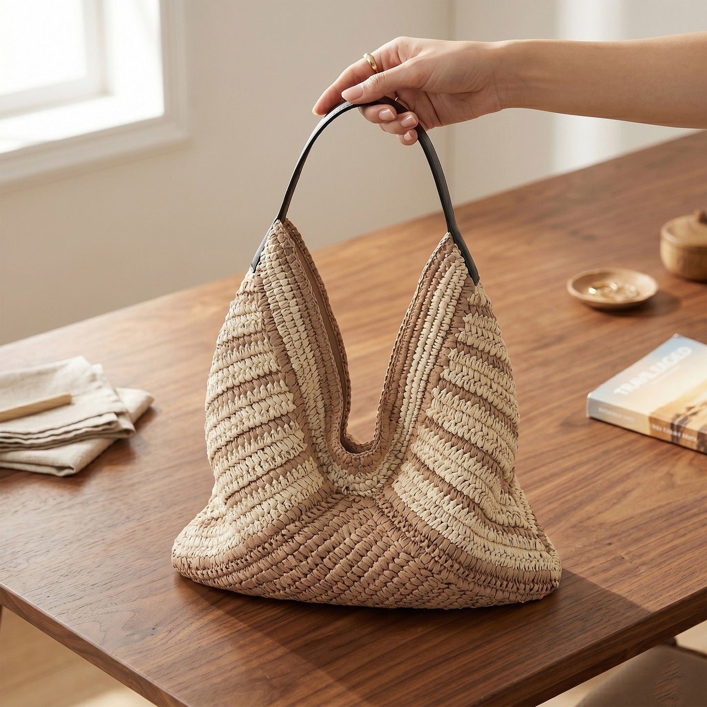 Woven Crochet Hobo Bag with Striped Pattern Slouchy Shoulder Handbag Lightweight Knit Tote