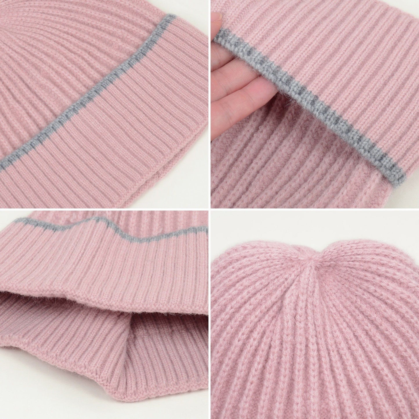 Ribbed Knit Beanie Hat with Contrast Trim and Folded Cuff