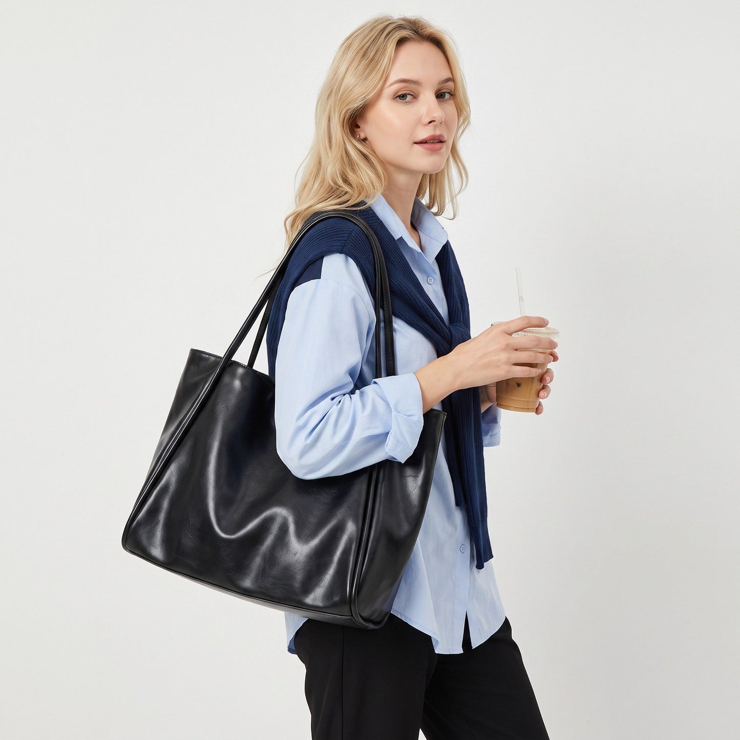 Large Faux Leather Tote Bag with Double Shoulder Straps and Magnetic Closure