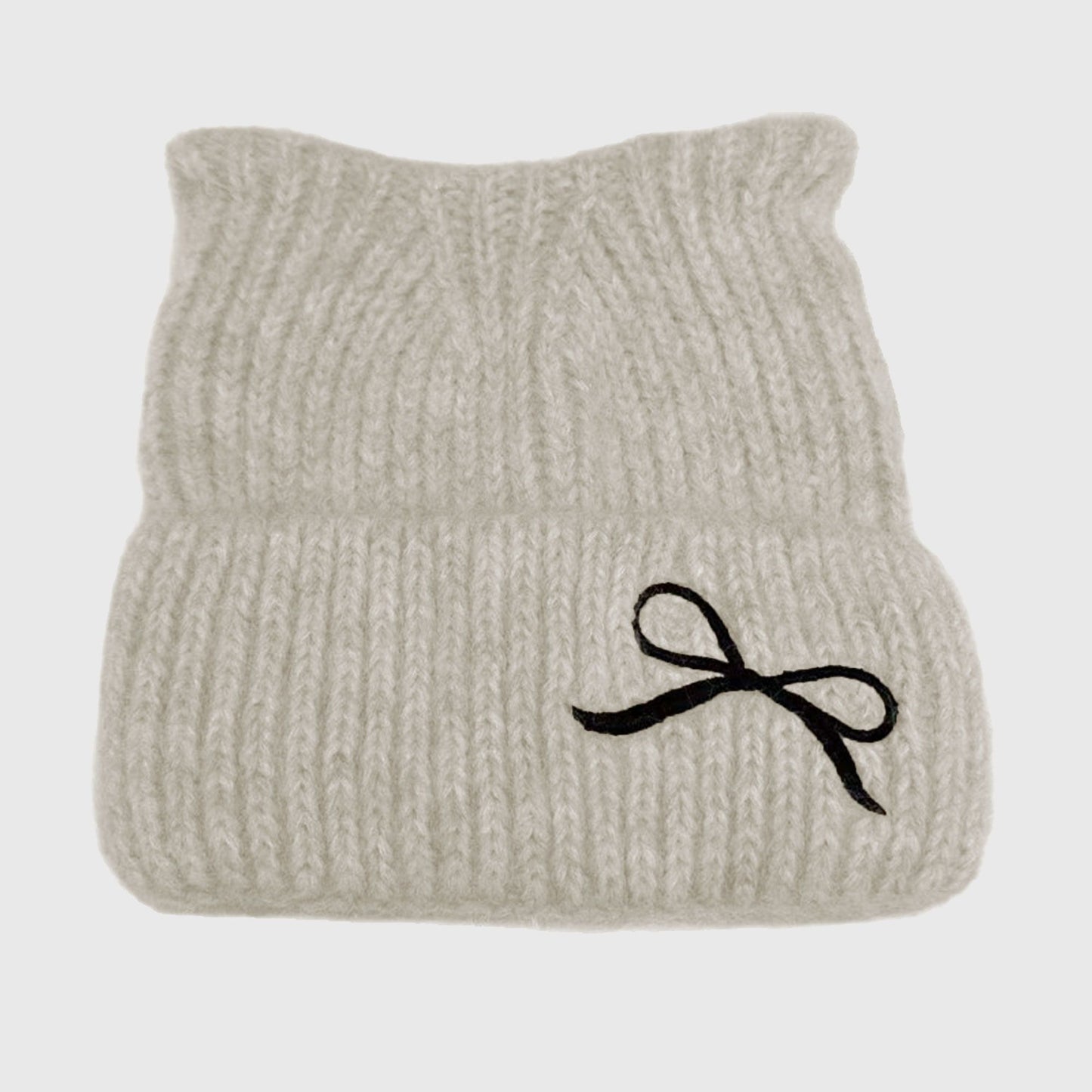 Cat Ear Knit Beanie - Fluffy Faux Fur Hat with Bow Embroidery