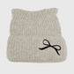 Cat Ear Knit Beanie - Fluffy Faux Fur Hat with Bow Embroidery